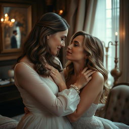 A sensual and intimate scene between two women, inspired by the allure of Scarlett Johansson and Elizabeth Olsen, in a luxurious and romantic setting