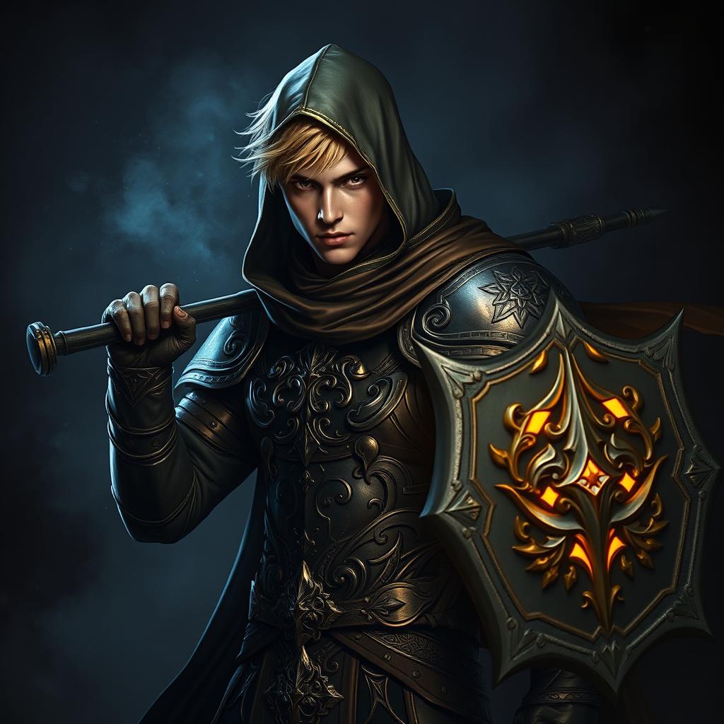 An elegant male adult cleric with short, striking golden hair, partially concealed by a hood, poised in a combat stance within a dark, ominous environment