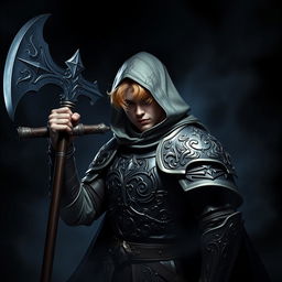 An elegant male adult cleric with short, striking golden hair, partially concealed by a hood, poised in a combat stance within a dark, ominous environment