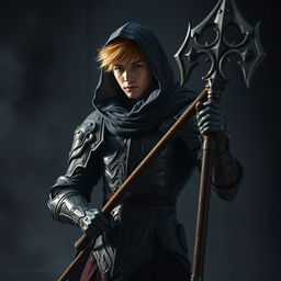 An elegant male adult cleric with short, striking golden hair, partially concealed by a hood, poised in a combat stance within a dark, ominous environment