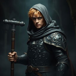 An elegant male adult cleric with short, striking golden hair, partially concealed by a hood, poised in a combat stance within a dark, ominous environment