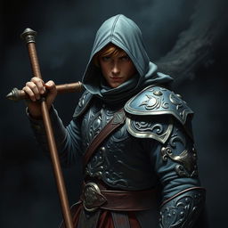 An elegant male adult cleric with short, striking brown hair, partially concealed by a hood, ready in a combat stance within a dark, ominous environment