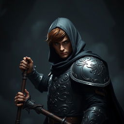 An elegant male adult cleric with short, striking brown hair, partially concealed by a hood, ready in a combat stance within a dark, ominous environment