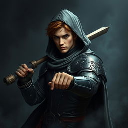 An elegant male adult cleric with short, striking brown hair, partially concealed by a hood, ready in a combat stance within a dark, ominous environment