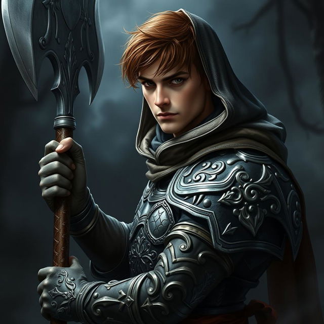 An elegant male adult cleric with short, striking brown hair, partially concealed by a hood, ready in a combat stance within a dark, ominous environment