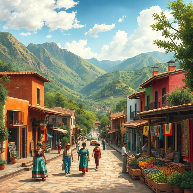 A picturesque scene depicting a charming town named Ramos Millan, set in a lush valley surrounded by scenic mountains