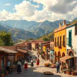 A picturesque scene depicting a charming town named Ramos Millan, set in a lush valley surrounded by scenic mountains