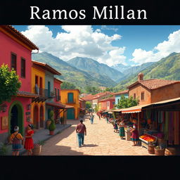 A picturesque scene depicting a charming town named Ramos Millan, set in a lush valley surrounded by scenic mountains