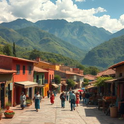 A picturesque scene depicting a charming town named Ramos Millan, set in a lush valley surrounded by scenic mountains