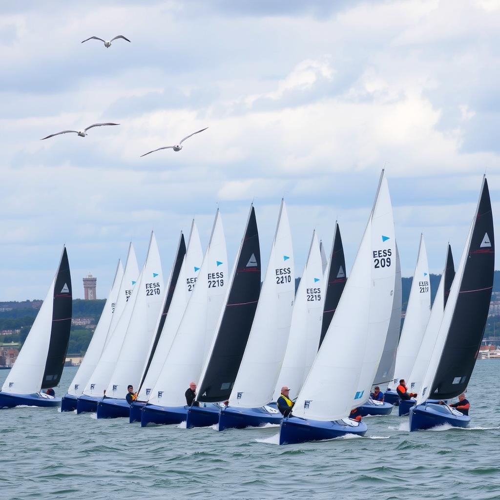 Flying Fifteen sailboats racing at the start line in Dublin Bay, Ireland