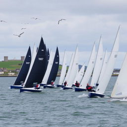 Flying Fifteen sailboats racing at the start line in Dublin Bay, Ireland