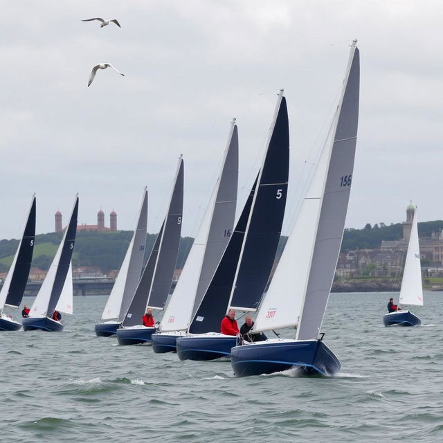 Flying Fifteen sailboats racing at the start line in Dublin Bay, Ireland