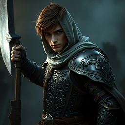 An elegant male adult cleric with short, striking brown hair, partially concealed by a hood, ready in a combat stance within a dark, ominous environment