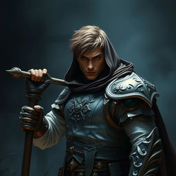 An elegant male adult cleric with short, striking brown hair, partially concealed by a hood, ready in a combat stance within a dark, ominous environment