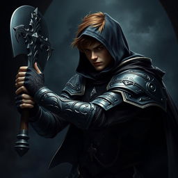 An elegant male adult cleric with short, striking brown hair, partially concealed by a hood, ready in a combat stance within a dark, ominous environment