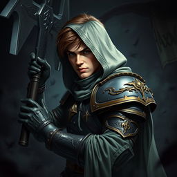 An elegant male adult cleric with short, striking brown hair, partially concealed by a hood, ready in a combat stance within a dark, ominous environment