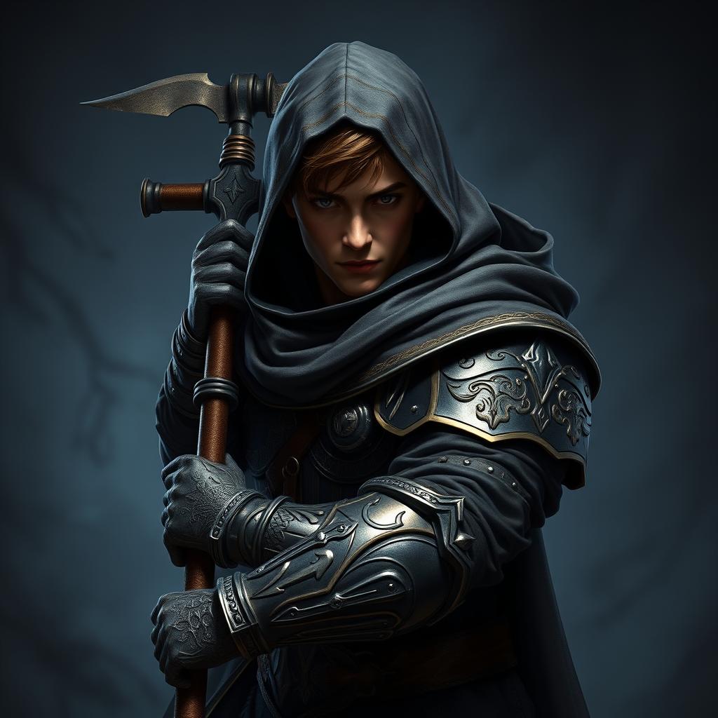 An elegant male adult cleric with short, striking brown hair, partially concealed by a hood, ready in a combat stance within a dark, ominous environment