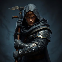 An elegant male adult cleric with short, striking brown hair, partially concealed by a hood, ready in a combat stance within a dark, ominous environment