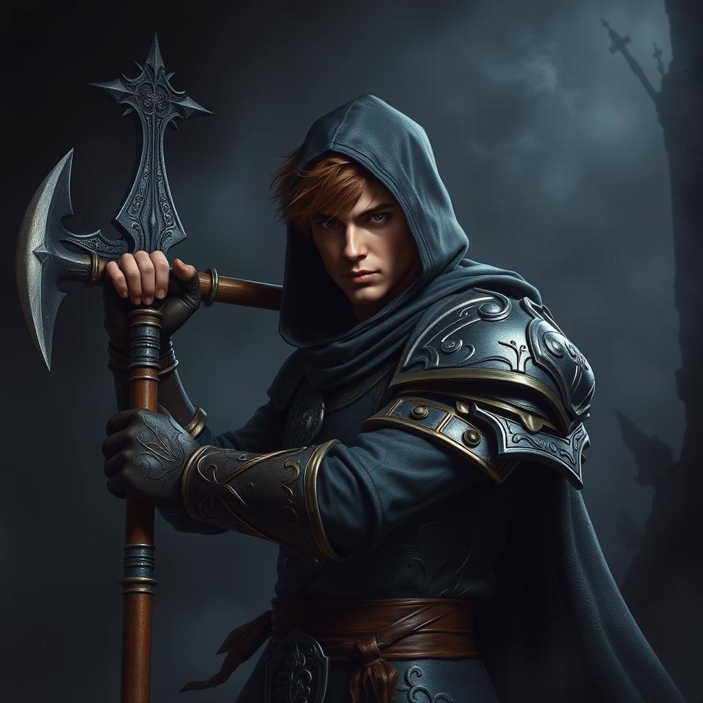 An elegant male adult cleric with short, striking brown hair, partially concealed by a hood, ready in a combat stance within a dark, ominous environment