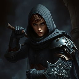 An elegant male adult cleric with short, striking brown hair, partially concealed by a hood, ready in a combat stance within a dark, ominous environment