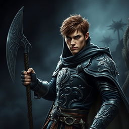 An elegant male adult cleric with short, striking brown hair, partially concealed by a hood, ready in a combat stance within a dark, ominous environment