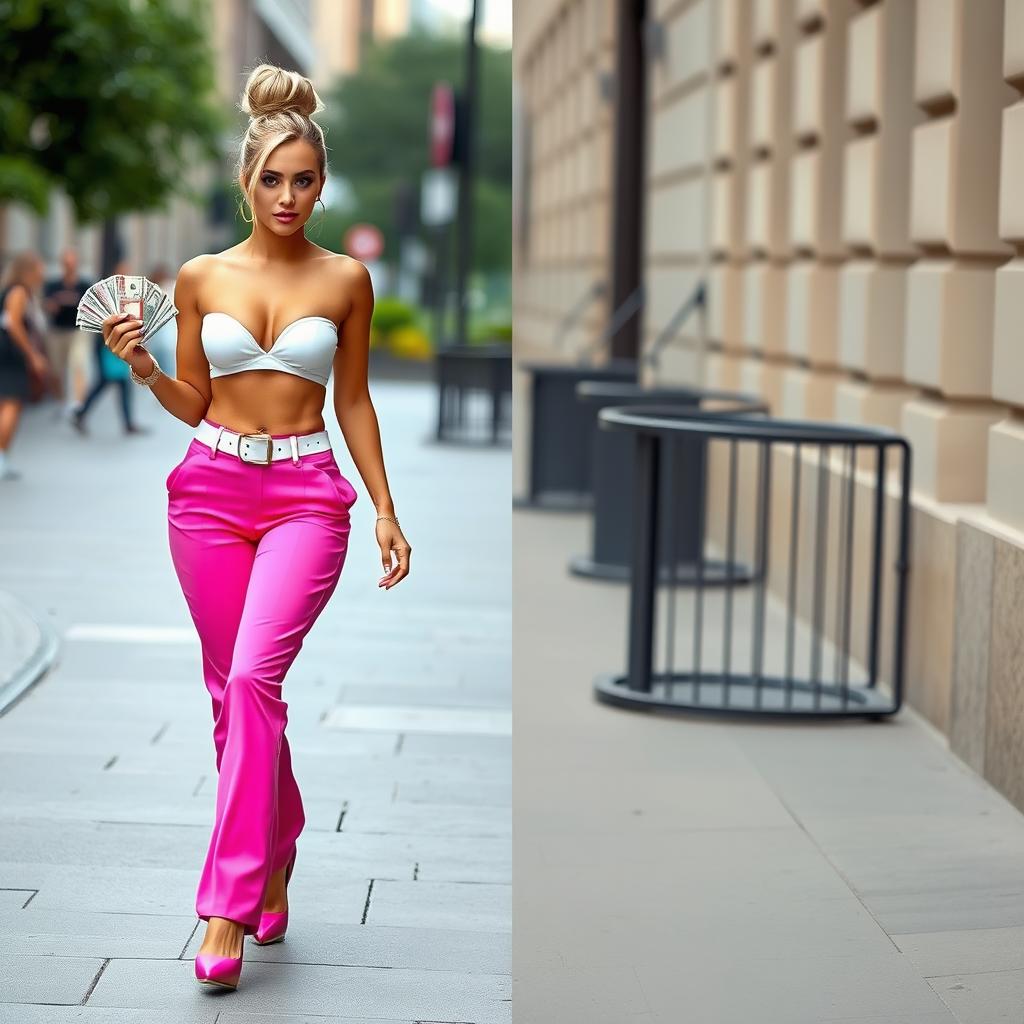 A fit girl with huge toned abs and big breasts confidently walks down the street