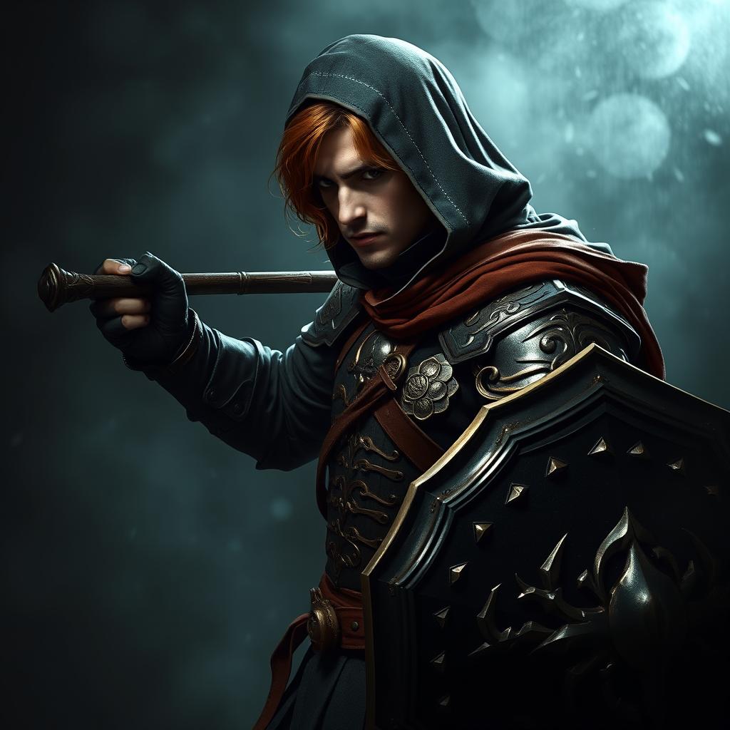 An elegant male adult cleric with striking brown hair, partially concealed by a hood, poised in a combat stance within a dark, ominous environment