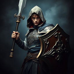 An elegant male adult cleric with striking brown hair, partially concealed by a hood, poised in a combat stance within a dark, ominous environment