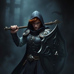 An elegant male adult cleric with striking brown hair, partially concealed by a hood, poised in a combat stance within a dark, ominous environment