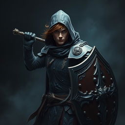 An elegant male adult cleric with striking brown hair, partially concealed by a hood, poised in a combat stance within a dark, ominous environment