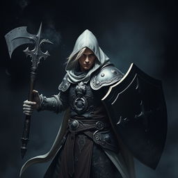 An elegant male adult cleric with striking white hair, partially concealed by a hood, poised in a combat stance within a dark, ominous environment