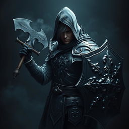 An elegant male adult cleric with striking white hair, partially concealed by a hood, poised in a combat stance within a dark, ominous environment