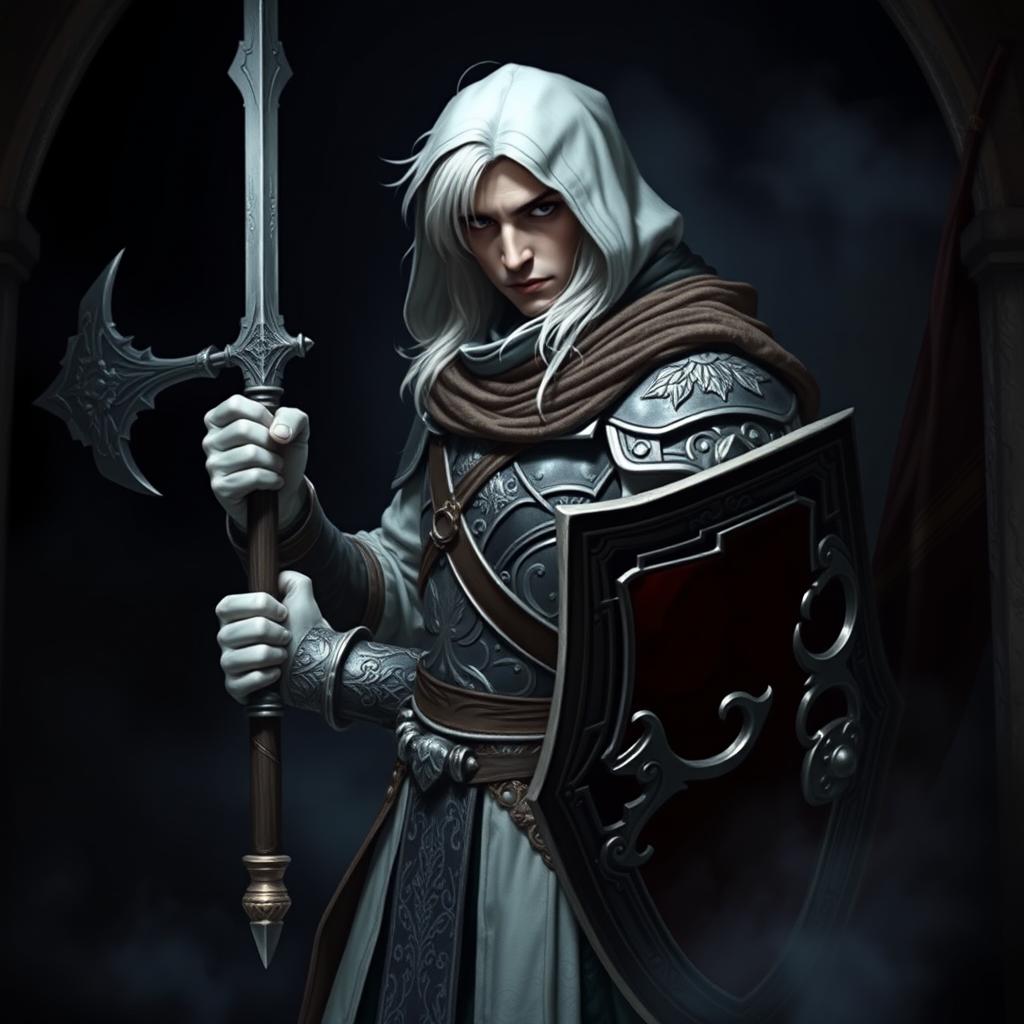 An elegant male adult cleric with striking white hair, partially concealed by a hood, poised in a combat stance within a dark, ominous environment