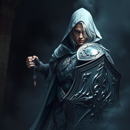 An elegant male adult cleric with striking white hair, partially concealed by a hood, poised in a combat stance within a dark, ominous environment