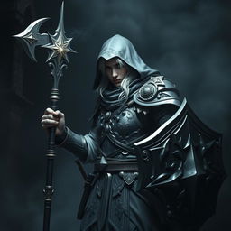 An elegant male adult cleric with striking white hair, partially concealed by a hood, poised in a combat stance within a dark, ominous environment