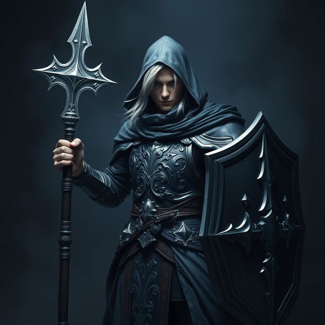 An elegant male adult cleric with striking white hair, partially concealed by a hood, poised in a combat stance within a dark, ominous environment