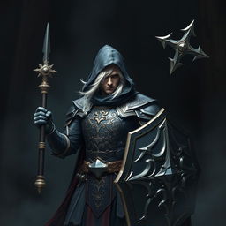 An elegant male adult cleric with striking white hair, partially concealed by a hood, poised in a combat stance within a dark, ominous environment