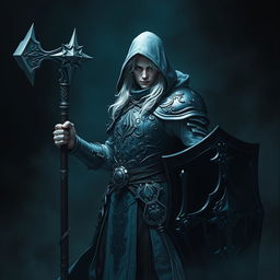 An elegant male adult cleric with striking white hair, partially concealed by a hood, poised in a combat stance within a dark, ominous environment