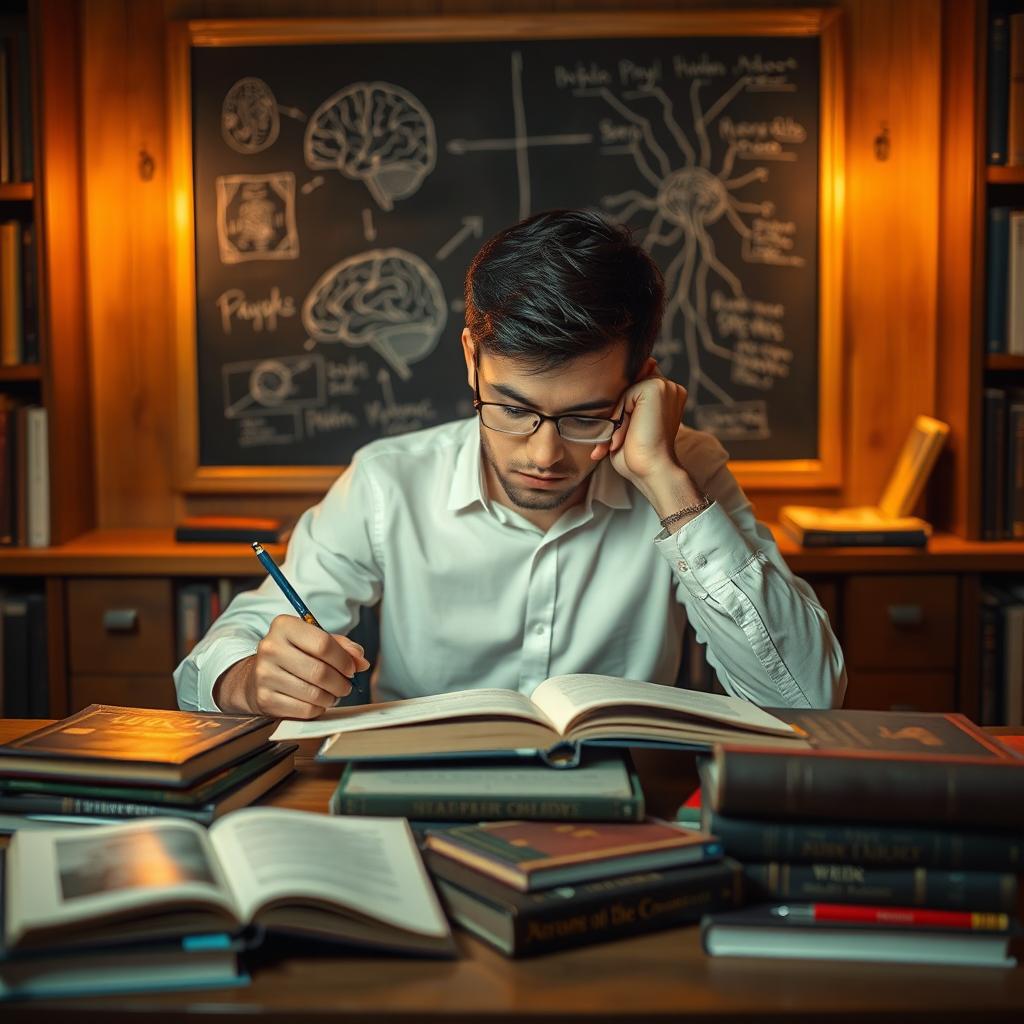 A person sitting at a desk, intensely focused and surrounded by books about psychology and neuroscience