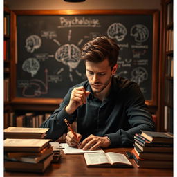 A person sitting at a desk, intensely focused and surrounded by books about psychology and neuroscience