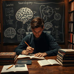 A person sitting at a desk, intensely focused and surrounded by books about psychology and neuroscience