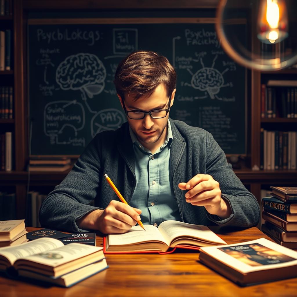 A person sitting at a desk, intensely focused and surrounded by books about psychology and neuroscience