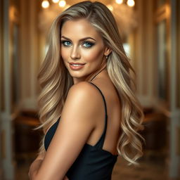 A beautiful and seductive woman with long flowing blonde hair, striking blue eyes, and a captivating smile