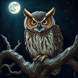 An exquisite portrait of a majestic owl, detailed rendering of its feathers, with large, bright eyes glimmering under the moonlight