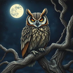 An exquisite portrait of a majestic owl, detailed rendering of its feathers, with large, bright eyes glimmering under the moonlight