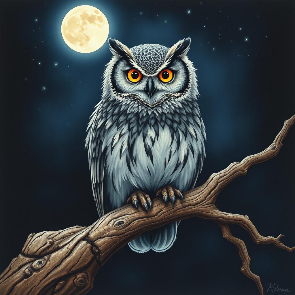 An exquisite portrait of a majestic owl, detailed rendering of its feathers, with large, bright eyes glimmering under the moonlight