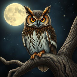 An exquisite portrait of a majestic owl, detailed rendering of its feathers, with large, bright eyes glimmering under the moonlight