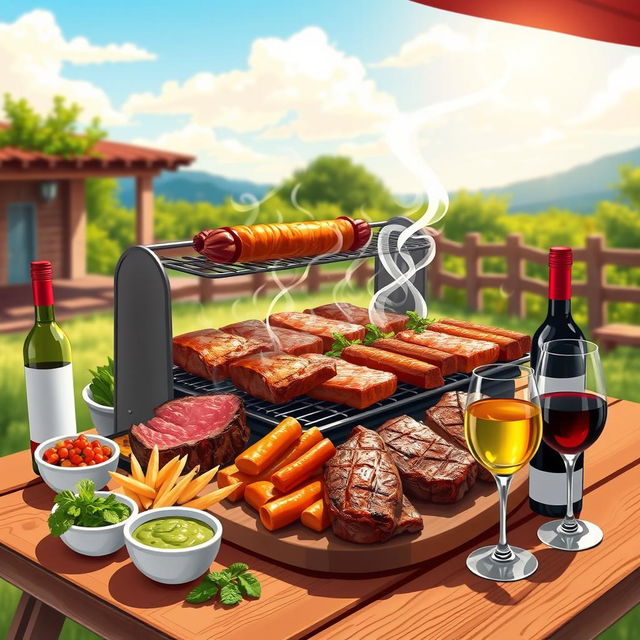 A digital illustration capturing the vibrant essence of Argentine cuisine, featuring a wide array of grilled meats like steak, sausage, and ribs sizzling on a traditional Argentine parrilla (grill)