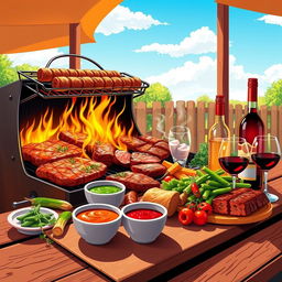 A digital illustration capturing the vibrant essence of Argentine cuisine, featuring a wide array of grilled meats like steak, sausage, and ribs sizzling on a traditional Argentine parrilla (grill)