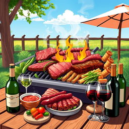 A digital illustration capturing the vibrant essence of Argentine cuisine, featuring a wide array of grilled meats like steak, sausage, and ribs sizzling on a traditional Argentine parrilla (grill)